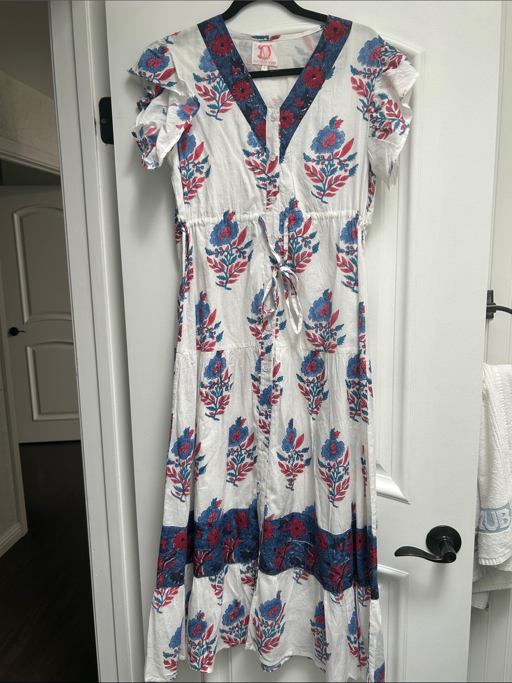 Victoria Dunn White Maxi Dress with Blue & Red Floral Print